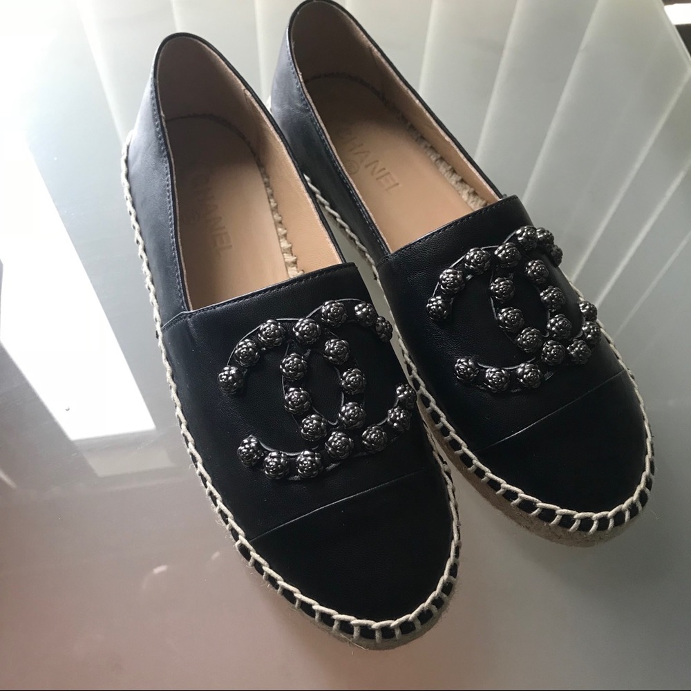 chanel espadrilles black with silver rose studs
